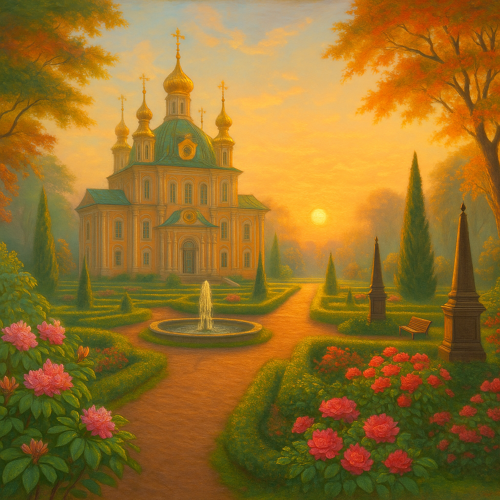 Царского парк весной на рассвете с фантастическими растениями и деревьями